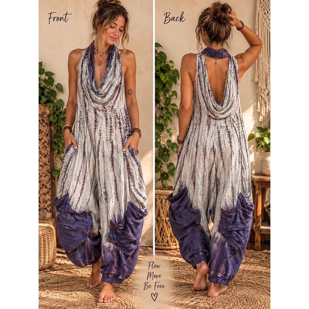 Jayli Women's M Purple Tie Dye Harem Jumpsuit Boho Oversized Pockets NWT